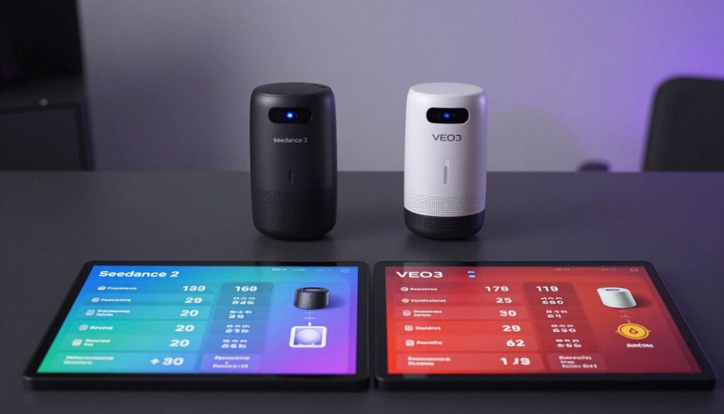 A split-screen image featuring a detailed comparison of the seedance 2 and VEO3 devices. In the foreground, two neatly organized tables display performance metrics, technical specifications, and key features of each device, illustrated with vibrant colors and clear icons. The middle section depicts the two devices side by side, with the seedance 2 on the left and VEO3 on the right, both illuminated by soft, diffused lighting to highlight their sleek designs. In the background, a blurred tech-focused setting with abstract shapes and subtle gradients creates a modern, professional atmosphere. The overall mood is informative and analytical, embodying precision and clarity without any text or branding elements. A split-screen image featuring a detailed comparison of the seedance 2 and VEO3 devices. In the foreground, two neatly organized tables display performance metrics, technical specifications, and key features of each device, illustrated with vibrant colors and clear icons. The middle section depicts the two devices side by side, with the seedance 2 on the left and VEO3 on the right, both illuminated by soft, diffused lighting to highlight their sleek designs. In the background, a blurred tech-focused setting with abstract shapes and subtle gradients creates a modern, professional atmosphere. The overall mood is informative and analytical, embodying precision and clarity without any text or branding elements.