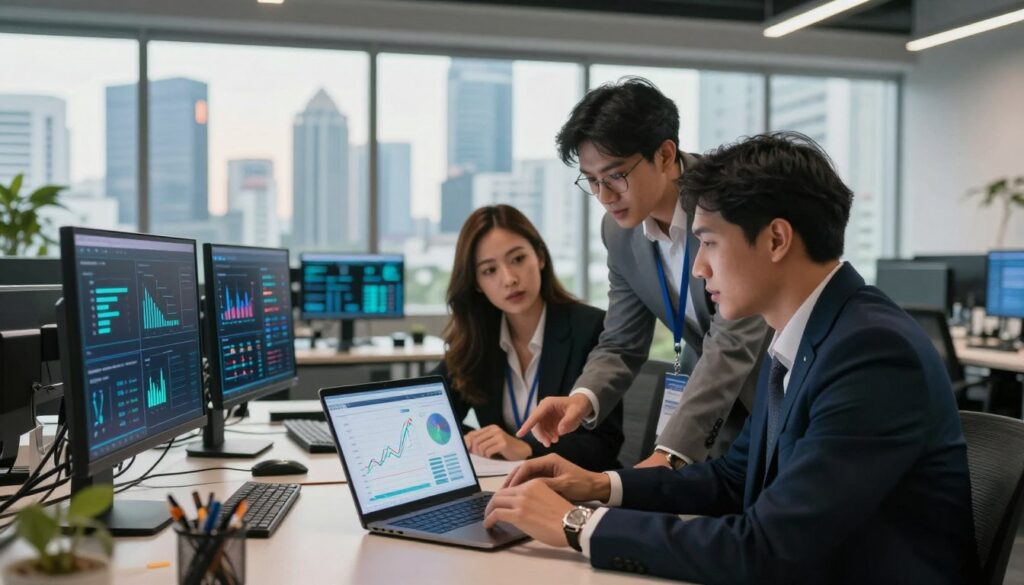 A vibrant and focused scene depicting a professional setting in Jakarta, where data optimization for AI solutions is taking place. In the foreground, a diverse group of three professionals—two men and one woman—are engaged in a discussion around a sleek laptop, analyzing graphs and charts that represent data flow. They are dressed in smart business attire, conveying a mood of collaboration and innovation. In the middle ground, a modern office space filled with high-tech equipment, data screens displaying analytics. In the background, large windows showcase Jakarta's skyline, bathed in warm, natural light, giving a sense of a bustling yet serene urban environment. The overall atmosphere is dynamic and forward-thinking, reflecting the essence of optimizing data for effective AI solutions.