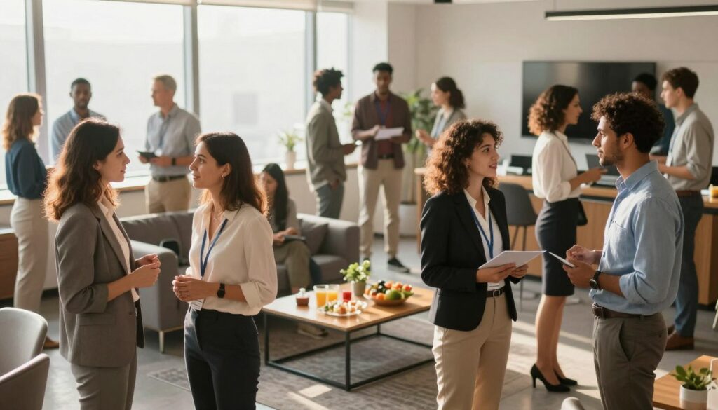 A vibrant networking event scene in a modern office setting, featuring diverse professionals engaged in conversation and exchanging ideas. In the foreground, a group of two women and a man, dressed in professional business attire, are animatedly discussing a project, while in the background, other small groups are having similar conversations. Soft, warm lighting enhances a welcoming atmosphere, with sunlight filtering through large windows. The middle ground features a coffee table laden with refreshments, creating an inviting space for informal networking. Use a wide-angle lens to capture the bustling energy of the room. The overall mood is lively and supportive, emphasizing collaboration and career growth in a professional environment.