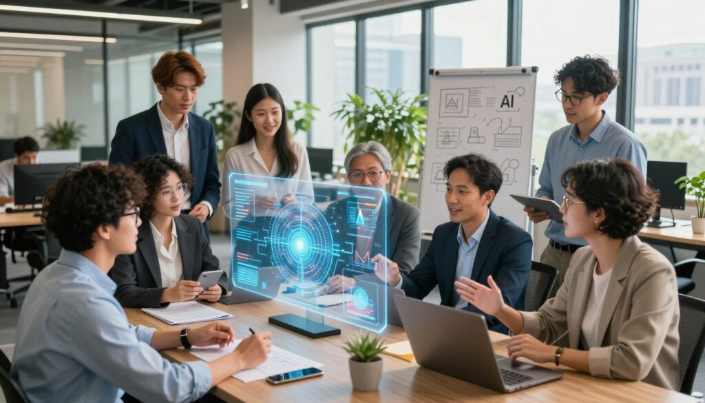 A vibrant office environment with a diverse group of professionals engaged in a collaborative discussion about AI technologies. In the foreground, a multi-ethnic team, dressed in smart business attire, enthusiastically examines a holographic AI interface that showcases data analytics and machine learning applications. The middle ground features modern office decor, plants, and whiteboards filled with AI ideas. In the background, large windows let in natural light, creating a warm and inviting atmosphere, with a cityscape visible outside. The scene conveys a sense of empowerment and confidence, emphasizing teamwork and innovation in AI. The composition should be well-lit with a focus on the human interaction, using a slightly elevated angle to capture the energetic mood of the discussion.