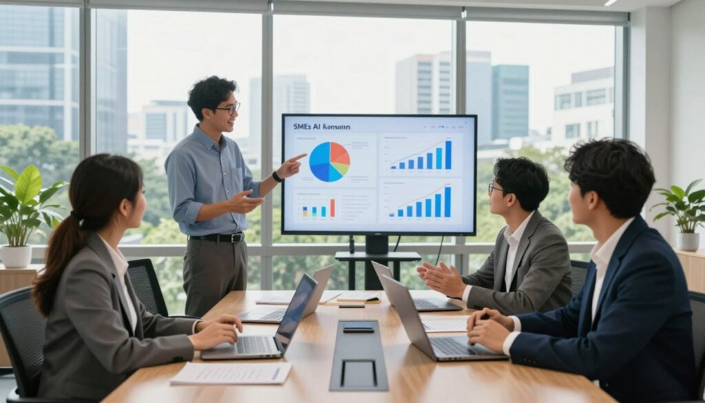 A vibrant office scene depicting a successful AI consulting meeting. In the foreground, a diverse group of three professionals in business attire—one man and two women—are engaged in a discussion, showcasing cooperation and enthusiasm. They are surrounded by visual aids like charts and graphs on a large screen, illustrating their recent achievements. In the middle ground, a modern conference table cluttered with laptops and notepads reflects an atmosphere of innovation and teamwork. The background features a bright window with a cityscape view of Jakarta, filled with greenery and skyscrapers, bathing the scene in warm, natural light. The mood is optimistic and inspiring, conveying the success of SMEs through AI consulting. The composition should be shot with a wide-angle lens to capture the dynamism of the setting.