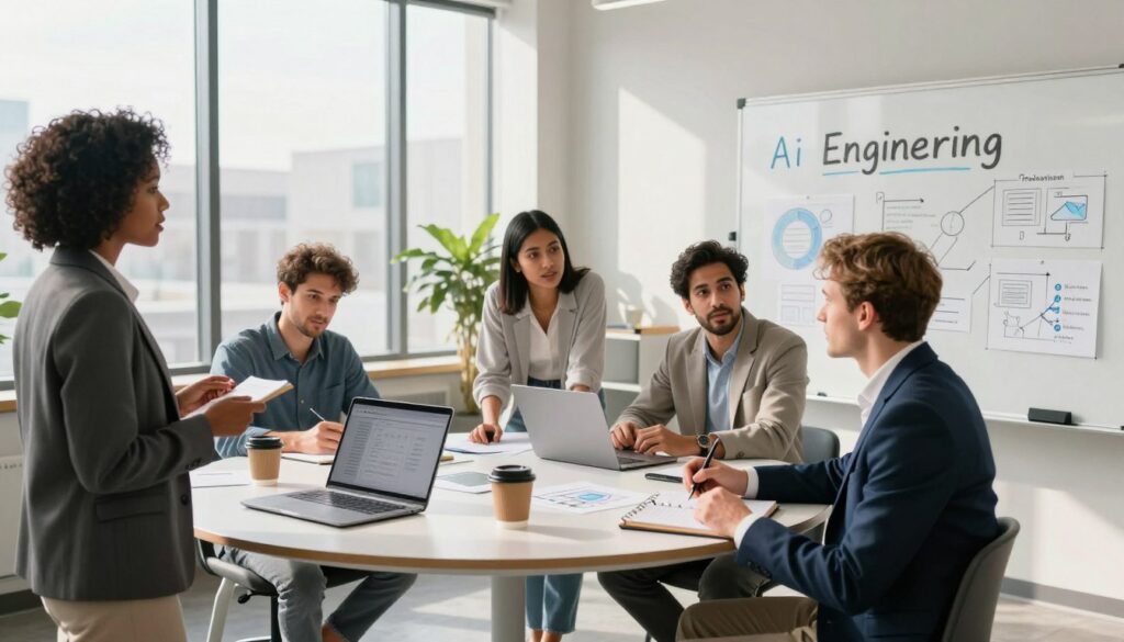 A vibrant office setting featuring a diverse group of professionals engaged in a dynamic workshop on prompt engineering techniques. In the foreground, a Black woman in a smart blazer explains concepts at a digital whiteboard, while a Caucasian man in a tailored suit takes notes, displaying focus and interest. The middle ground showcases a round table with laptops, notebooks, and coffee cups, where a South Asian woman and a Hispanic man collaborate on a project, surrounded by AI infographics and diagrams. The background features floor-to-ceiling windows allowing natural light to flood the space, casting soft shadows. The mood is collaborative and inspiring, with a modern aesthetic emphasizing innovation and teamwork. The image is captured from a slight angle to convey depth and engagement.
