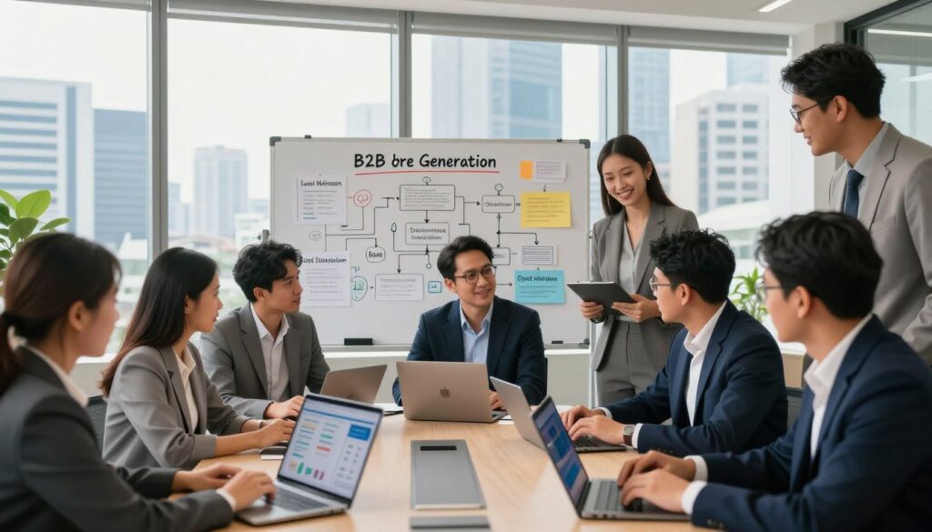 A vibrant office setting in Jakarta, illustrating a cultural adaptation strategy in B2B lead generation. In the foreground, a diverse group of professionals dressed in smart business attire, engaging around a high-tech conference table, analyzing data on digital devices. The middle layer reveals a whiteboard filled with flowcharts and innovative ideas surrounding AI solutions tailored for local markets. Tall windows in the background flood the space with warm, natural light, showcasing Jakarta’s skyline. The mood is collaborative and forward-thinking, with bright colors and an energetic atmosphere, emphasizing creativity and teamwork. A slight depth of field effect focuses on the central team while softly blurring the vibrant city view.