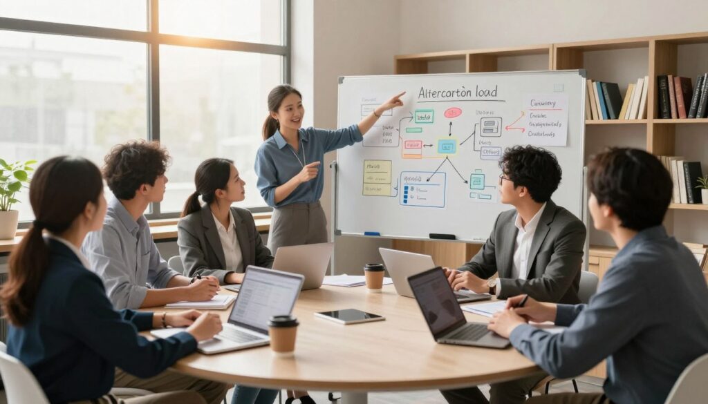 A vibrant workshop setting showcasing a diverse group of professionals engaged in learning and collaboration. In the foreground, a round table with notebooks, laptops, and cups of coffee surrounding attentive individuals in professional business attire, sharing ideas and discussing methodologies. The middle ground features a large whiteboard filled with colorful diagrams and charts representing curriculum strategies, while a facilitator stands nearby, guiding the session enthusiastically. The background includes shelves filled with books on AI and technology, with large windows letting in warm, natural light that creates an inviting atmosphere. The overall mood is energetic and inspiring, emphasizing growth and knowledge-sharing in a modern learning environment. Use soft focus for depth and warm tones for a welcoming feel.