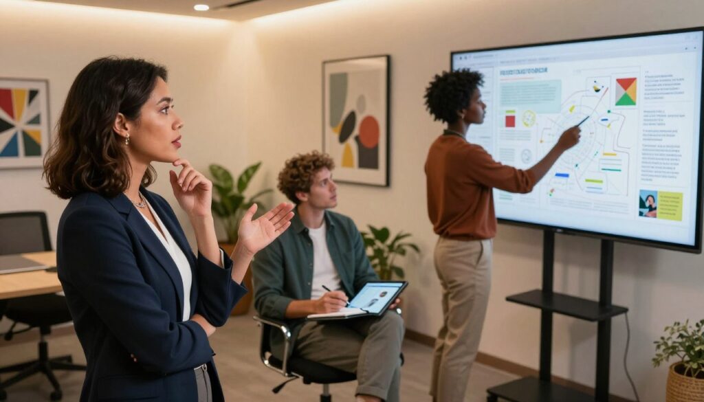 A visually captivating scene depicting a diverse group of three storytellers in a contemporary, professional setting. In the foreground, a thoughtful woman in a smart business outfit passionately gestures as she shares a narrative. In the middle ground, a man in casual yet polished attire listens intently, taking notes on a digital tablet, while a third individual, dressed in stylish yet modest clothing, is analyzing a visual story map on a large screen. The background features a modern office with warm, ambient lighting illuminating walls adorned with inspirational artwork related to storytelling and creativity. Shot from a slightly elevated angle to enhance the dynamic interaction, the atmosphere is one of collaboration, innovation, and artistic exchange, emphasizing the essence of dynamic storytelling consistency.