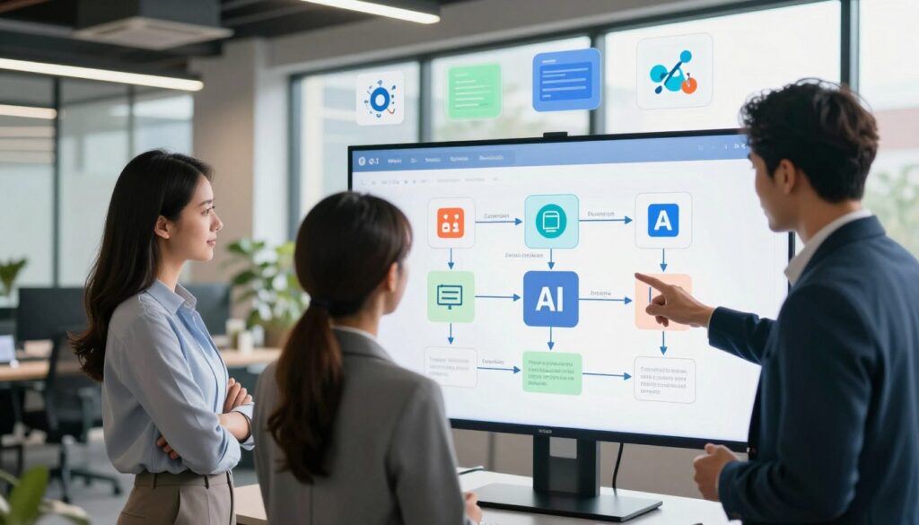A visually engaging step-by-step guide to implementing AI workflows in a business setting. In the foreground, a diverse group of three professionals (two men and one woman) dressed in smart business attire, examining a large digital touchscreen display that shows a flowchart of AI processes. In the middle ground, various digital icons representing AI tools and analytics are interconnected, visually illustrating the workflow. In the background, a modern office environment with large windows allowing natural light to stream in, complementing the colorful, tech-inspired decor. The atmosphere exudes innovation and collaboration, creating a sense of dynamic progress in the realm of AI integration for business. The perspective is slightly angled to capture the interaction between the professionals and the digital display.