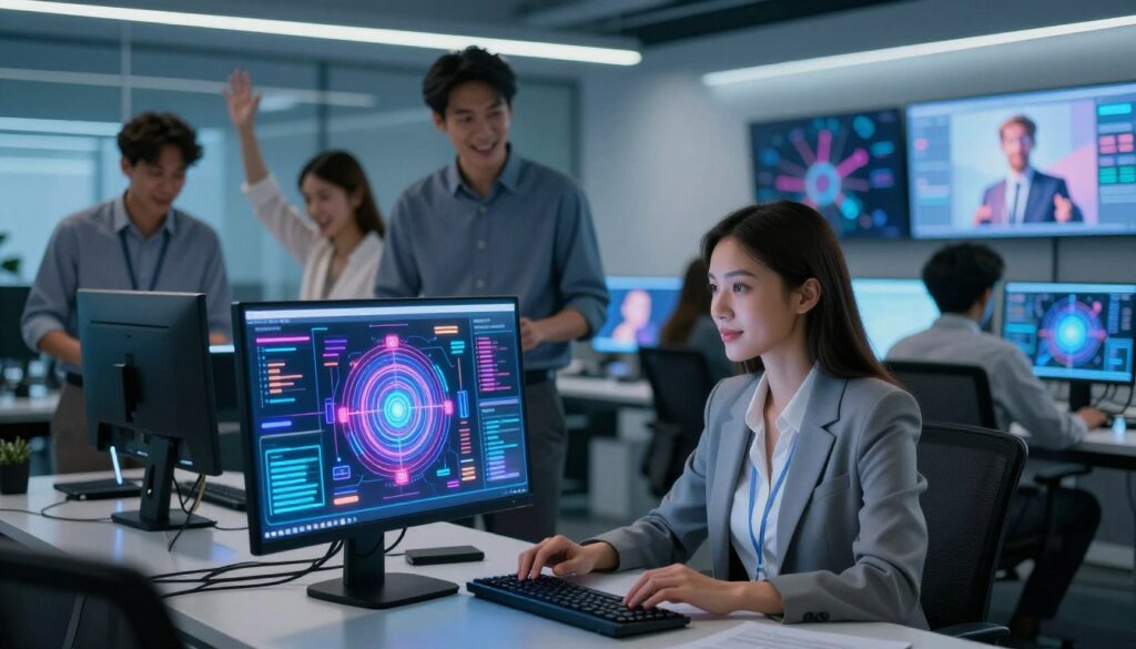 A visually striking depiction of an AI image generation model, showcasing its capabilities through a futuristic workspace. In the foreground, a sleek computer workstation displays an interactive interface, glowing with vibrant colors and complex algorithms. The middle ground features a diverse group of professionals, including a woman in a smart blazer and a man in a button-up shirt, collaborating enthusiastically over AI-generated images displayed on large screens. In the background, a modern office environment with soft blue lighting emphasizes innovation and creativity. Use a wide-angle lens to capture the energy of the space, with soft focus on the background to keep attention on the workers and technology. The mood is inspiring and optimistic, illustrating the transformative power of AI for business elevation.
