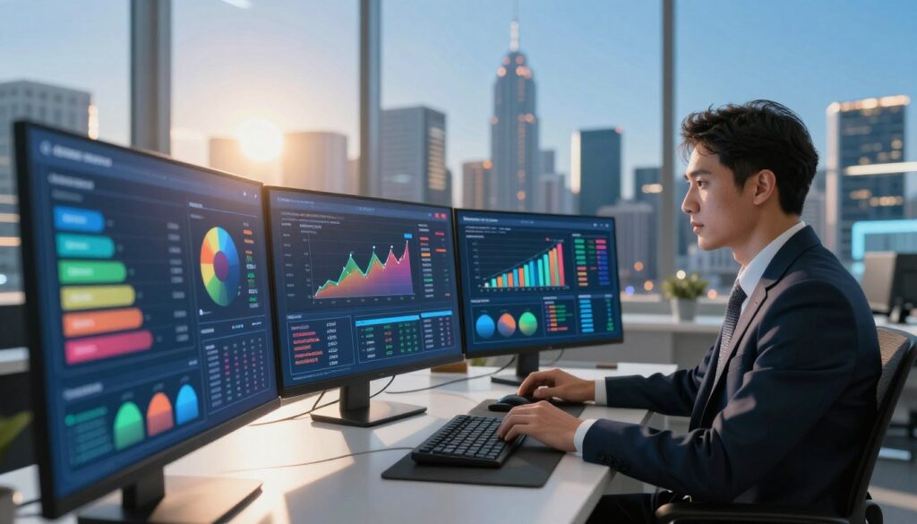 A visually striking representation of AI performance benchmarks and cost efficiency. In the foreground, display a series of sleek, futuristic digital dashboards showcasing graphs and metrics in vibrant colors, symbolizing efficiency and high performance. In the middle ground, include a modern workspace with a professional, individual in business attire analyzing data on a large screen, their expression focused and engaged. The background should feature a stylized city skyline, representing technological advancement and innovation, under a clear blue sky. Utilize soft, ambient lighting to create a warm and inspiring atmosphere, with a slight lens flare effect to add depth. Capture the essence of analytics and future technology, emphasizing clarity and efficiency.