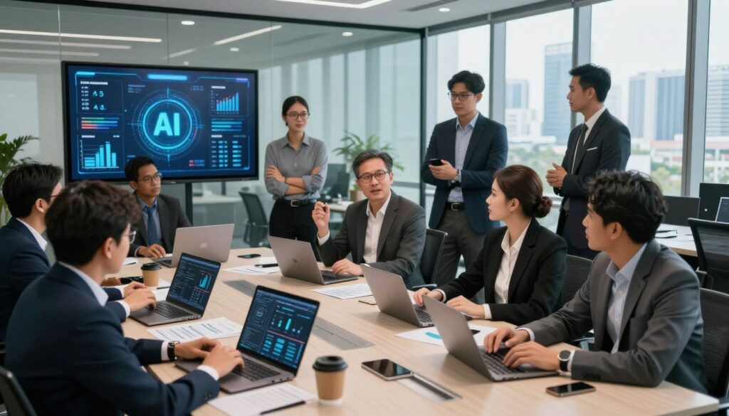 A bustling office environment in Jakarta, Indonesia, showcasing a diverse group of professionals, dressed in smart business attire, engaged in a dynamic discussion around AI innovation. In the foreground, a meeting table is filled with laptops, digital charts, and coffee cups, symbolizing collaboration and strategy. The middle ground features a glass wall with a high-tech digital display showing operational metrics and AI integration timelines. In the background, the city skyline is visible through large windows, under soft, natural daylight filtering in, creating an atmosphere of optimism and forward-thinking. The mood is focused yet collaborative, highlighting the challenges and opportunities of implementing AI in Indonesian businesses.