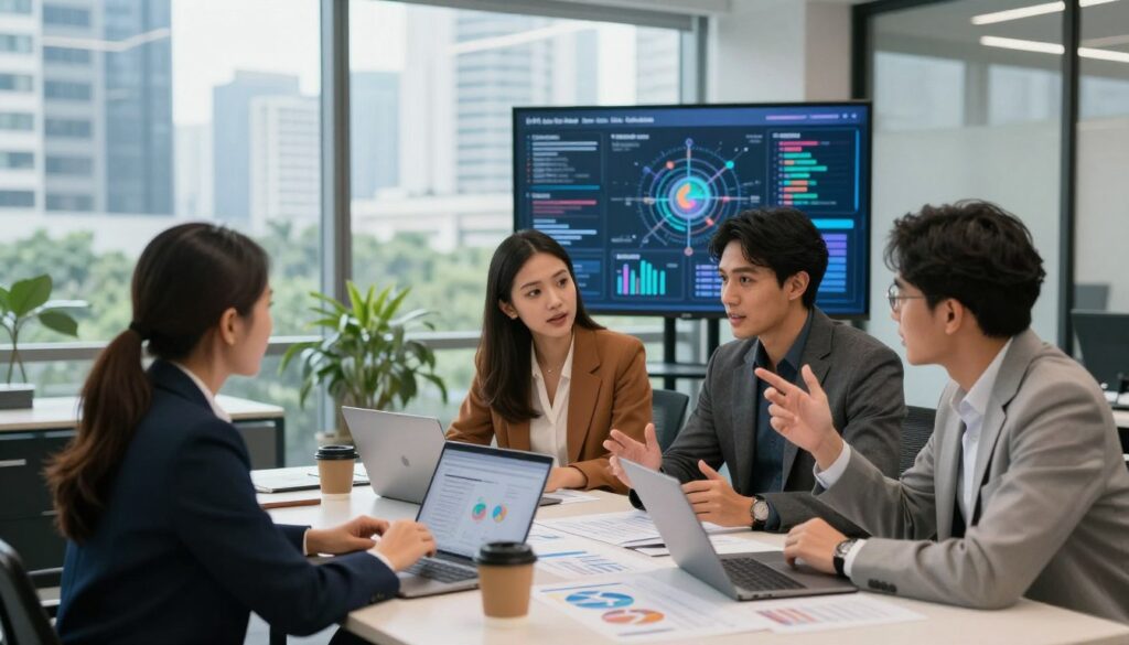 A busy Jakarta office environment filled with strategic consultants engaged in a brainstorming session. In the foreground, a diverse group of three professionals in smart business attire—one woman and two men—are gathered around a large table covered with charts, laptops, and coffee cups. They are animatedly discussing ideas, with a lush green cityscape visible through the large windows behind them. The middle ground highlights a wall-mounted screen displaying AI analytics and strategic plans, reflecting a modern approach to consulting. The atmosphere is vibrant and focused, with bright but soft lighting casting a professional glow. A shallow depth of field subtly blurs the background, emphasizing the consultants' intense collaboration.