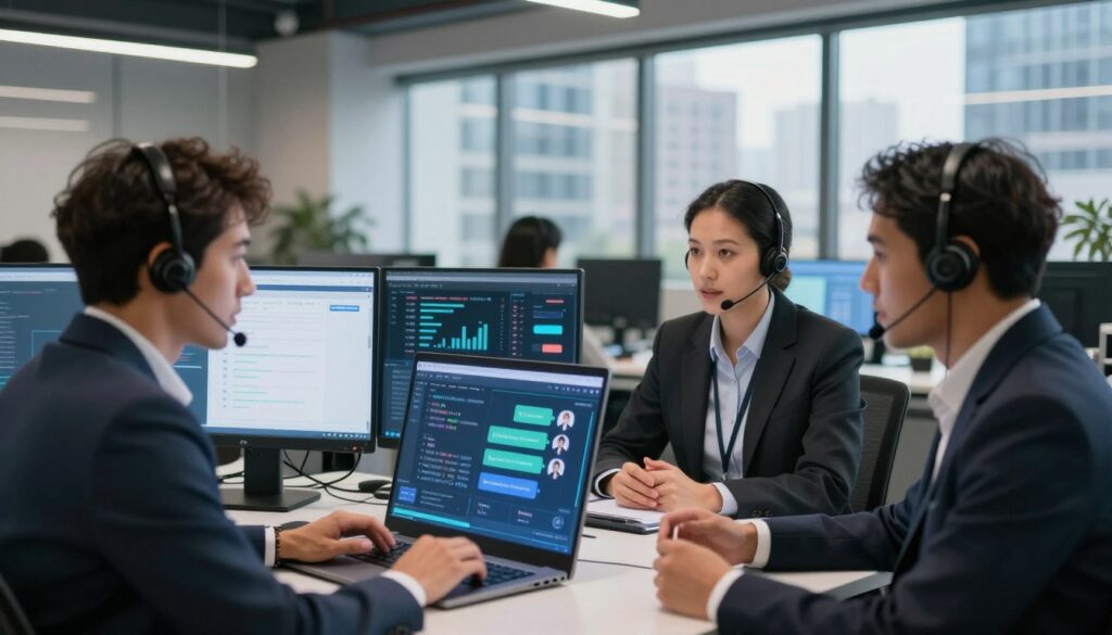 A contemporary office environment showcasing a successful customer service team utilizing AI technology. In the foreground, a diverse group of three professionals, dressed in smart business attire, are engaged in a discussion around a sleek digital interface displaying customer interaction data. The middle section features a modern workstation filled with advanced computer screens illustrating graphs and chat interactions, while a soft glow from overhead lights highlights the team’s engaged expressions. In the background, large windows reveal a bustling cityscape, symbolizing a dynamic business atmosphere. The mood is focused and collaborative, emphasizing innovation and success in automating customer service with AI agents. The composition is framed from a slight angle to add depth, capturing the essence of modern customer service solutions. A contemporary office environment showcasing a successful customer service team utilizing AI technology. In the foreground, a diverse group of three professionals, dressed in smart business attire, are engaged in a discussion around a sleek digital interface displaying customer interaction data. The middle section features a modern workstation filled with advanced computer screens illustrating graphs and chat interactions, while a soft glow from overhead lights highlights the team’s engaged expressions. In the background, large windows reveal a bustling cityscape, symbolizing a dynamic business atmosphere. The mood is focused and collaborative, emphasizing innovation and success in automating customer service with AI agents. The composition is framed from a slight angle to add depth, capturing the essence of modern customer service solutions.