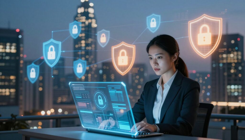 A digital artwork illustrating the challenges of cybersecurity and artificial intelligence regulations. In the foreground, a female cybersecurity expert in professional business attire analyzes data on a holographic display, surrounded by digital interfaces depicting cybersecurity threats and compliance regulations. The middle layer features abstract representations of AI algorithms and security shields glowing in various shades of blue and orange, symbolizing technology and protection. In the background, a cityscape with towering skyscrapers is subtly illuminated at dusk, reflecting the integration of AI in urban environments. Soft, focused lighting highlights the expert's intent expression, creating a serious yet hopeful mood that captures the essence of navigating AI's risks and innovations.