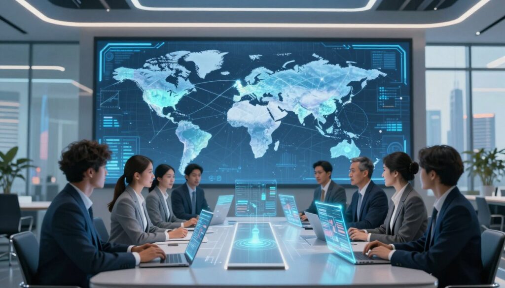 A dynamic illustration showcasing technological innovation and global collaboration in a modern business environment. In the foreground, a diverse group of professionals wearing business attire are engaged in a collaborative brainstorming session around a high-tech conference table, with holographic displays showcasing data analytics. In the middle ground, a large digital screen exhibits a world map with interconnected nodes symbolizing international partnerships. The background captures a sleek, futuristic office setting with large windows revealing a bustling city skyline. Soft, ambient lighting accentuates the modern aesthetic, creating a vibrant and inspiring atmosphere. The image should convey a sense of unity, progress, and the potential of collaborative innovation in enhancing services.