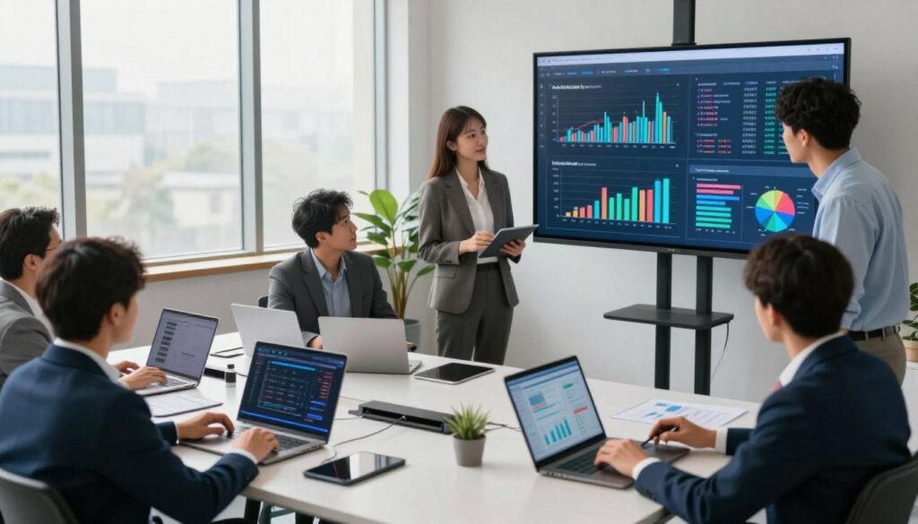 A dynamic office environment illustrating data literacy and technology skills enhancement. In the foreground, a diverse group of professionals, dressed in smart business attire, collaborate around a large digital screen displaying colorful charts and graphs. In the middle, contemporary desks with laptops, tablets, and visualization tools are scattered, showcasing a blend of digital technology and traditional methods. The background features large windows with natural light pouring in, creating an uplifting atmosphere. The scene is lively, emphasizing teamwork and learning, with a subtle focus on the digital tools promoting data literacy. The overall mood is professional yet innovative, reflecting a culture of continuous improvement and skill development in an AI-driven workplace. A dynamic office environment illustrating data literacy and technology skills enhancement. In the foreground, a diverse group of professionals, dressed in smart business attire, collaborate around a large digital screen displaying colorful charts and graphs. In the middle, contemporary desks with laptops, tablets, and visualization tools are scattered, showcasing a blend of digital technology and traditional methods. The background features large windows with natural light pouring in, creating an uplifting atmosphere. The scene is lively, emphasizing teamwork and learning, with a subtle focus on the digital tools promoting data literacy. The overall mood is professional yet innovative, reflecting a culture of continuous improvement and skill development in an AI-driven workplace.