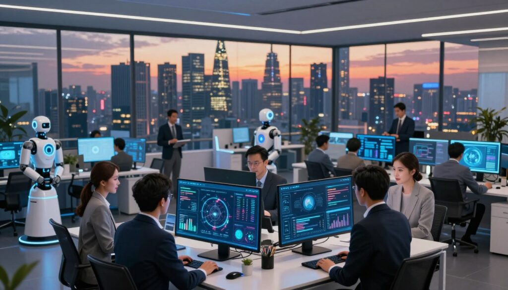 A futuristic business environment showcasing the innovation of artificial intelligence and automation transformation in Indonesia. In the foreground, a diverse group of professionals, dressed in smart business attire, collaborate over digital screens displaying complex data visualizations and AI algorithms. The middle section features sleek, modern office furniture and advanced technology like robotic assistants and interactive projectors. The background is a panoramic view of a bustling Jakarta skyline, illuminated by a colorful sunset, symbolizing growth and progress. Soft, ambient lighting enhances the atmosphere, conveying a sense of innovation and collaboration. The overall mood is optimistic and forward-thinking, reflecting the impact of AI on business efficiency and operations.