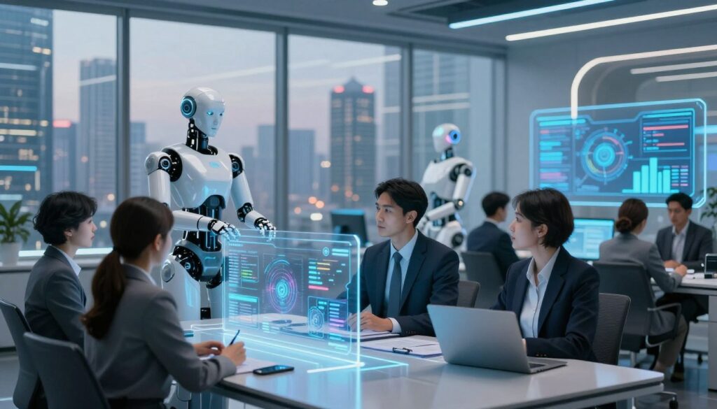 A futuristic business office scene illustrating the evolution of artificial intelligence in the corporate sector. In the foreground, a diverse group of professionals in business attire engaged in discussion, analyzing data displayed on transparent digital screens. The middle ground features advanced AI elements, such as robotic assistants and automated systems, seamlessly integrating into their workflow. The background showcases a modern city skyline through large windows, symbolizing growth and innovation. Soft, ambient lighting enhances the high-tech atmosphere, while vibrant colors suggest optimism for the future. The overall mood is collaborative and forward-thinking, emphasizing the significance of AI in transforming business operations.