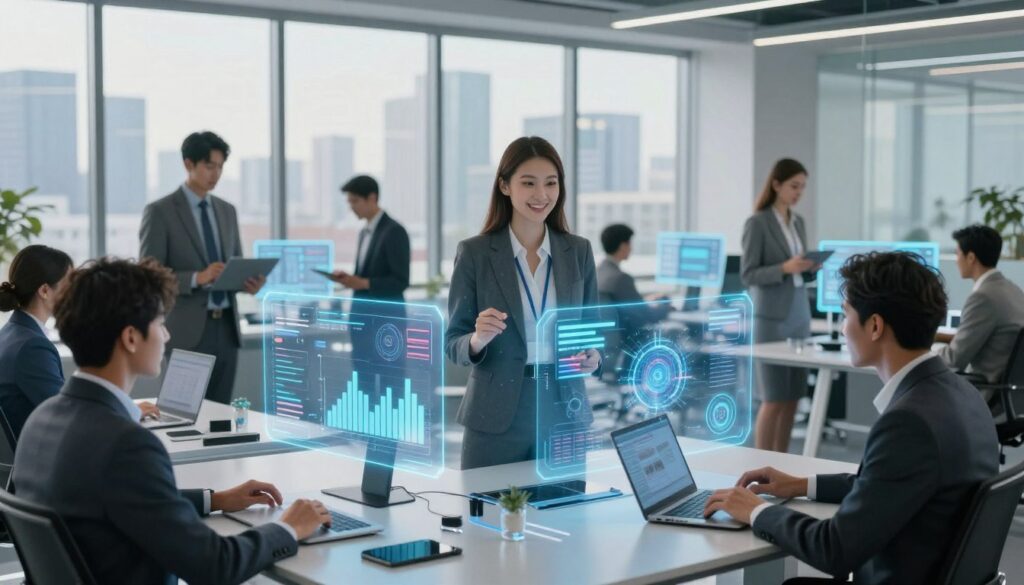 A futuristic office environment brimming with advanced technology and digital interfaces. In the foreground, a diverse group of professionals, dressed in business attire, actively engages with holographic displays showcasing graphs and AI-driven tools, symbolizing skill transformation in the digital age. The middle ground features sleek desks with laptops and smart devices, emphasizing a collaborative workspace. The background presents a city skyline through floor-to-ceiling windows, bathed in soft, natural light that creates an inspiring atmosphere of innovation and progress. The overall mood is vibrant and optimistic, reflecting the importance of adaptability and continuous learning in the era of AI. A futuristic office environment brimming with advanced technology and digital interfaces. In the foreground, a diverse group of professionals, dressed in business attire, actively engages with holographic displays showcasing graphs and AI-driven tools, symbolizing skill transformation in the digital age. The middle ground features sleek desks with laptops and smart devices, emphasizing a collaborative workspace. The background presents a city skyline through floor-to-ceiling windows, bathed in soft, natural light that creates an inspiring atmosphere of innovation and progress. The overall mood is vibrant and optimistic, reflecting the importance of adaptability and continuous learning in the era of AI.