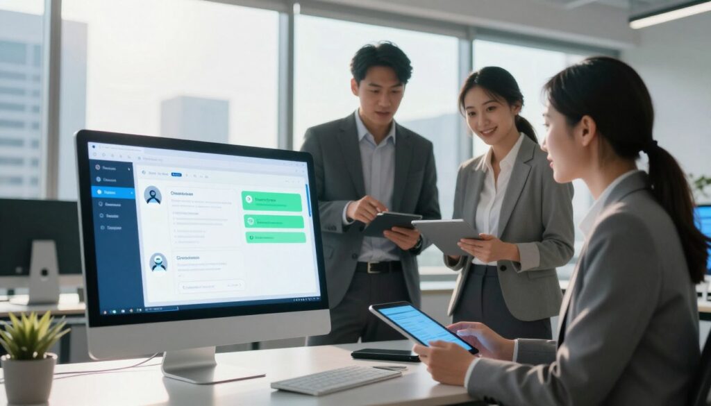 A futuristic office environment showcasing the concept of chatbot operational efficiency for small businesses. In the foreground, a sleek computer screen displays an interactive chatbot interface, illuminated with soft blue and green lighting. In the middle ground, a diverse group of three professionals in business attire – a man and a woman overseeing the chatbot interactions, and a woman analyzing data on her tablet – all engaged in a collaborative discussion. The background features large windows revealing a modern cityscape under a bright, sunlit sky that symbolizes progress and innovation. The overall mood is one of optimism and productivity, with bright lighting and a clean, organized aesthetic reflecting the transformative impact of AI in enhancing operational efficiencies.