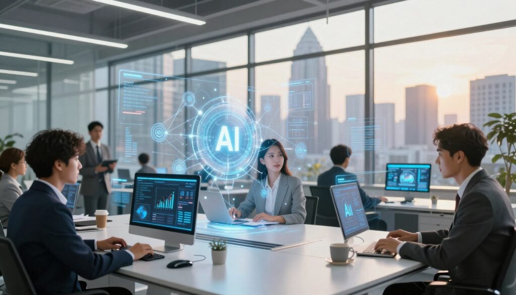 A futuristic office environment showcasing the potential of artificial intelligence in the digital era. In the foreground, a diverse group of professionals in business attire engages with advanced digital interfaces displaying data analytics and AI solutions. The middle ground features sleek, holographic visuals of algorithms and digital networks that symbolize AI technology intertwining with business operations. The background reveals a modern city skyline through large glass windows, bathed in warm, natural light to create an inviting and optimistic atmosphere. The angle captures a dynamic perspective, emphasizing collaboration and innovation, evoking a sense of progress and productivity within the workspace. A futuristic office environment showcasing the potential of artificial intelligence in the digital era. In the foreground, a diverse group of professionals in business attire engages with advanced digital interfaces displaying data analytics and AI solutions. The middle ground features sleek, holographic visuals of algorithms and digital networks that symbolize AI technology intertwining with business operations. The background reveals a modern city skyline through large glass windows, bathed in warm, natural light to create an inviting and optimistic atmosphere. The angle captures a dynamic perspective, emphasizing collaboration and innovation, evoking a sense of progress and productivity within the workspace.
