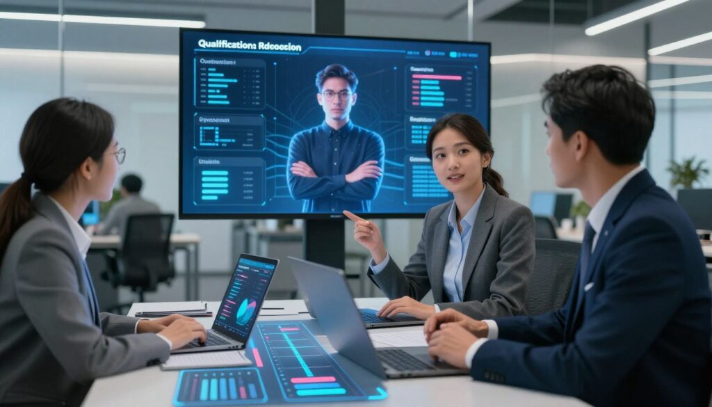 A futuristic office setting with a sleek design, featuring a diverse group of three professionals in business attire engaged in a collaborative discussion about sales automation strategies, focusing on qualification and booking processes. In the foreground, a digital interface displays graphs and charts illustrating optimized workflows. In the middle ground, a large screen showcases an AI agent in action, analyzing data and providing insights. The background includes modern office furniture and soft ambient lighting creating a professional atmosphere. The scene captures a sense of synergy and innovation, emphasizing the role of AI in transforming sales operations in Indonesia. Bright and clear lighting enhances the details and adds a modern, vibrant feel to the image.