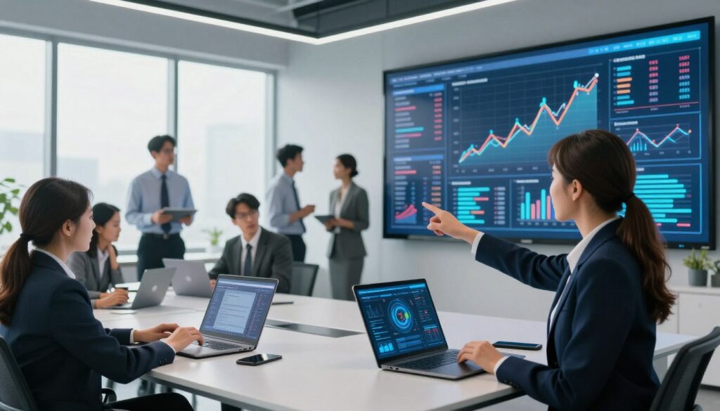 A futuristic office space, featuring a diverse team of professionals in business attire gathered around a large digital screen displaying complex data analytics and market predictions. In the foreground, a focused female analyst points to vibrant graphs and AI-generated forecasts. The middle ground showcases collaborative discussions with laptops open, data visualizations glowing softly. The background highlights a sleek, modern workspace with minimalistic design and large windows that let in natural light, creating a bright, optimistic atmosphere. The overall mood conveys innovation and teamwork in AI implementation, emphasizing operational efficiency and strategic insights. The image captures a moment of active engagement with technology, reflecting a forward-thinking corporate environment.