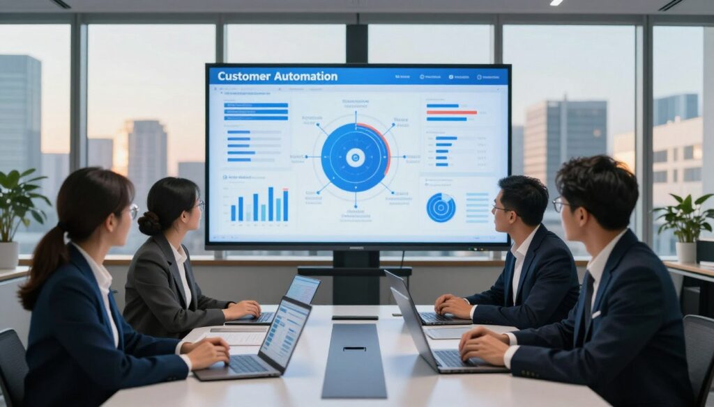A modern and professional office setting illustrating a strategic consultation on customer automation. In the foreground, a diverse team of three professionals, dressed in smart business attire, gather around a sleek conference table filled with laptop screens, tablets, and charts. The middle ground features a large digital screen displaying customer automation strategies and analytics, with soft blue lighting enhancing the high-tech atmosphere. In the background, large windows reveal a bustling cityscape bathed in warm afternoon sunlight. The mood is collaborative and innovative, underscoring the importance of strategic discussions in the context of AI and business solutions. Use a wide-angle lens to capture the entirety of the scene with vivid clarity, ensuring a polished and engaging visual representation.