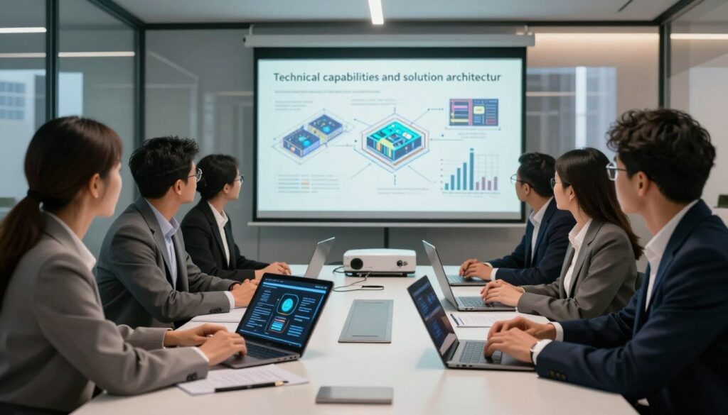 A modern business environment showcasing a professional team evaluating AI vendor solutions. In the foreground, a diverse group of business professionals in smart attire is engaged in a strategy discussion, with a digital tablet displaying technical diagrams. In the middle ground, a sleek conference table adorned with laptops, notes, and a projector displaying complex architectural solution graphics. The background features glass walls with city views, creating a dynamic atmosphere. Soft, warm lighting enhances focus and collaboration, emphasizing a sense of innovation and professionalism. The scene captures the essence of 