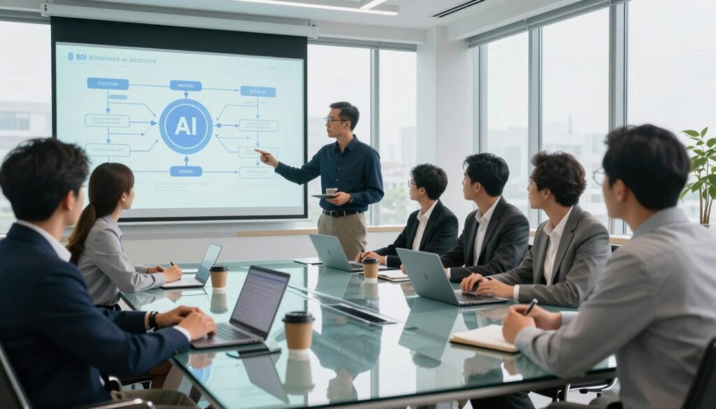 A modern conference room filled with professionals engaged in a private coaching session on AI systems for business. In the foreground, a diverse group of individuals in professional business attire analyzing a large digital projection displaying diagrams of AI processes and business workflows. The middle ground features a sleek, glass conference table adorned with laptops, notebooks, and coffee cups, symbolizing collaboration and innovation. The background includes large windows with natural daylight streaming in, creating an open and inviting atmosphere. The lighting is bright yet soft, emphasizing a productive mood. The overall ambiance conveys a sense of technology, professionalism, and forward-thinking, ideal for introducing business AI systems.