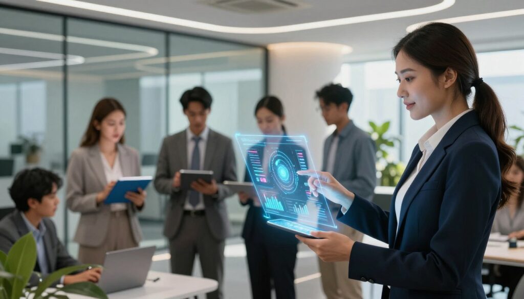 A modern corporate office setting showcasing a diverse group of professionals collaborating with a sophisticated AI agent interface. In the foreground, a businesswoman in formal attire interacts with a holographic AI display, revealing data analytics and visual representations of enterprise solutions. The middle ground features colleagues engaged in discussion, examining digital workflows on tablets. The background depicts a sleek, futuristic office space with glass walls and greenery, enhancing the atmosphere of innovation and technology. Soft natural lighting filters through, casting a warm glow. The scene conveys a sense of teamwork and cutting-edge technology, highlighting solutions for enterprises in Indonesia.