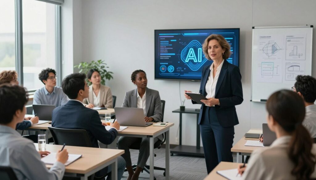A modern corporate training room featuring diverse professionals engaged in an AI training session. In the foreground, a middle-aged woman in business attire stands confidently, presenting to an attentive audience. In the middle ground, a diverse group of professionals, including a young Asian man and a Black woman, actively participate, taking notes and interacting with an advanced digital screen displaying AI-related graphics. The background showcases a sleek, well-lit room filled with modern equipment and whiteboards with diagrams. Soft, natural light filters in through large windows, creating a bright and inspiring atmosphere. The overall mood is focused and energetic, highlighting the benefits of AI training for business productivity and innovation.