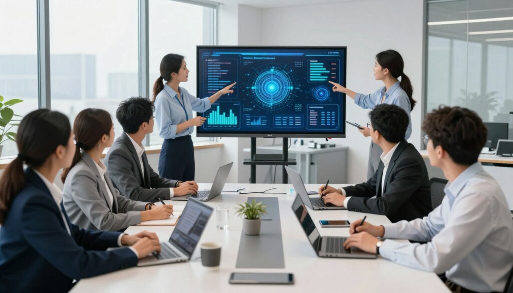 A modern corporate training session on artificial intelligence, featuring a diverse group of professionals in smart business attire, engaged in dynamic discussions around a large conference table. In the foreground, a female instructor animatedly points at an interactive AI presentation displayed on a screen, showcasing complex data visualizations and charts. In the middle, participants are focused, some taking notes and others using laptops and tablets, with expressions of curiosity and enthusiasm. The background reveals large windows with natural light flooding the room, creating a bright, inspiring atmosphere. The setting conveys a sense of innovation and collaboration, emphasizing the importance of AI training for business growth. A well-coordinated arrangement of office supplies and tech gadgets enhances the scene's modern, professional mood.