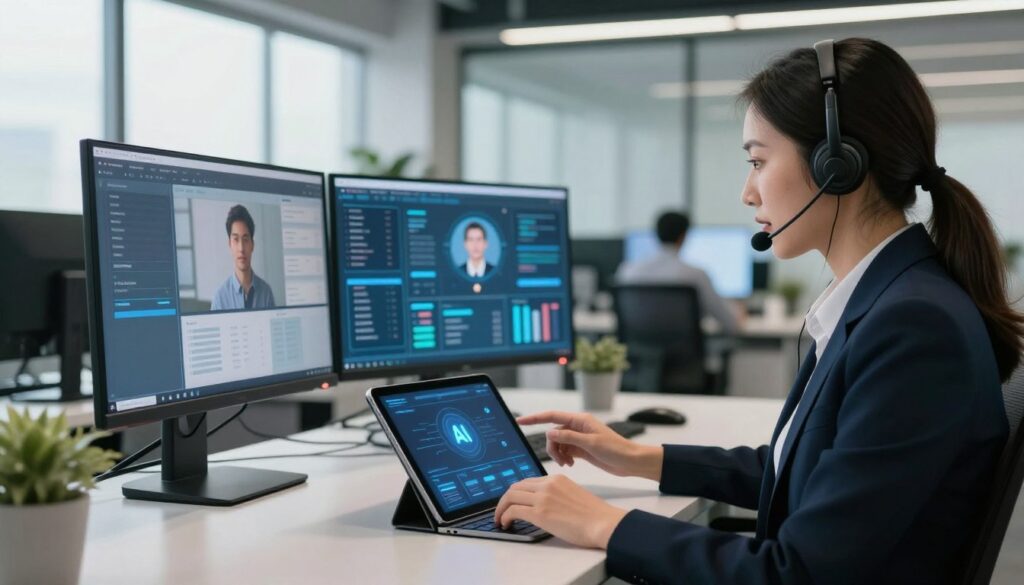 A modern customer service environment showcasing the impact of technology. In the foreground, a professional customer service representative, dressed in business attire, is engaged in a conversation using an AI agent interface displayed on a sleek tablet. The middle ground features a high-tech workstation with multiple screens displaying customer data and analytics, reflecting efficiency and innovation. In the background, a spacious, well-lit office with large windows allows natural light to flood in, creating an inviting atmosphere. A subtle glow from the screens enhances the tech-savvy mood. The overall composition conveys a sense of progress and adaptability in customer service, highlighting the transformative role of AI and technology in operational efficiency. A modern customer service environment showcasing the impact of technology. In the foreground, a professional customer service representative, dressed in business attire, is engaged in a conversation using an AI agent interface displayed on a sleek tablet. The middle ground features a high-tech workstation with multiple screens displaying customer data and analytics, reflecting efficiency and innovation. In the background, a spacious, well-lit office with large windows allows natural light to flood in, creating an inviting atmosphere. A subtle glow from the screens enhances the tech-savvy mood. The overall composition conveys a sense of progress and adaptability in customer service, highlighting the transformative role of AI and technology in operational efficiency.