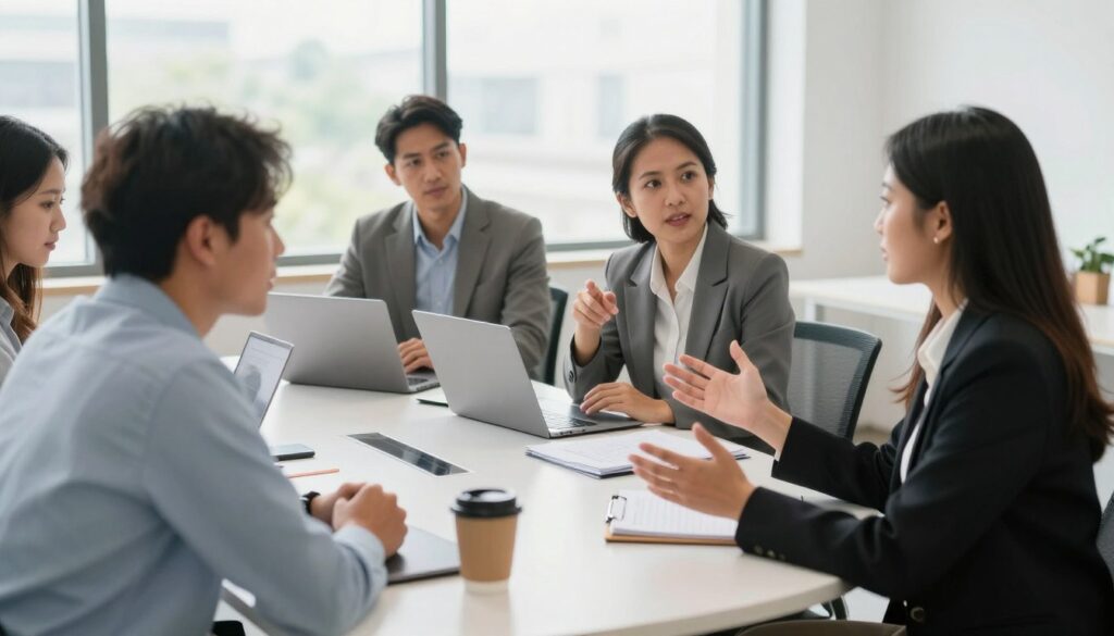 A modern office consultation setting featuring a diverse group of professionals engaged in a discussion about client support services. In the foreground, a middle-aged Indonesian consultant in smart business attire is attentively listening to a young woman, also dressed professionally, who is presenting her ideas with open gestures. In the middle ground, a round table is cluttered with laptops, notepads, and a cup of coffee, emphasizing an active brainstorming session. The background shows a large window with natural light streaming in, illuminating the room with a bright and inviting atmosphere. The overall mood is collaborative and focused, reflecting a professional environment dedicated to client consultation and support.