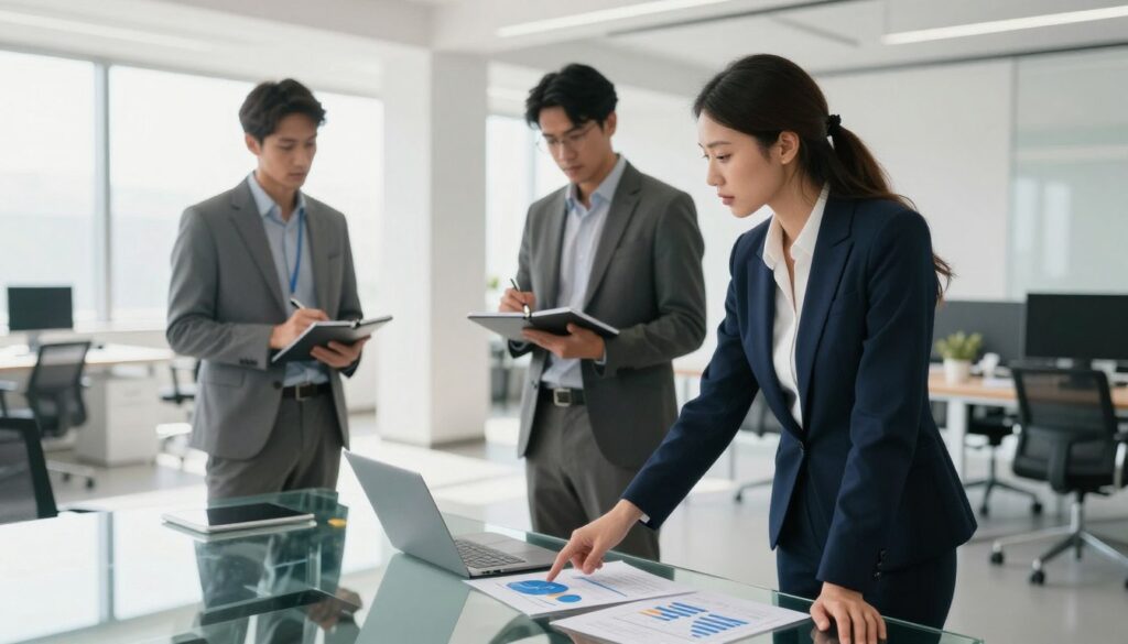 A modern office environment featuring a diverse group of three professionals engaged in a strategic brainstorming session. In the foreground, a woman in a smart business suit stands by a large glass table, pointing at data charts with a look of focused determination. Beside her, a man in a tailored suit takes notes while observing a digital screen displaying graphs indicating operational efficiency. In the background, a bright, spacious office filled with minimalist furniture and large windows lets in natural light, creating an energetic and productive atmosphere. Soft shadows enhance the professionalism of the setting. The composition conveys a mood of collaboration and innovation, emphasizing practical approaches to enhancing operational efficiency.