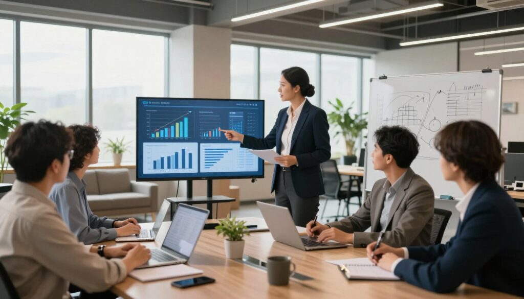 A modern office environment showcasing a business automation consultation service. In the foreground, a professional consultant, dressed in business attire, confidently presents data on a sleek touchscreen display. The consultant is engaged with a diverse group of clients, who appear interested and are taking notes. In the middle ground, various graphs and charts depicting business performance metrics are visible on the screen and a whiteboard filled with diagrams. The background features a bright, open space with large windows allowing natural light to flood in, plants for a touch of greenery, and contemporary furniture that conveys a sense of collaboration. The overall atmosphere exudes professionalism and innovation, with warm, inviting lighting that emphasizes a productive and inspiring setting.