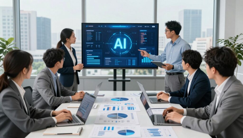 A modern office environment showcasing a team of diverse professionals engaged in a strategic planning session. In the foreground, a central table is filled with digital devices, charts, and graphs illustrating AI agent use cases, while team members, dressed in professional business attire, collaboratively discuss strategies. In the middle ground, a large screen displays dynamic visuals of AI systems and data analytics, highlighting their impact. The background features a panoramic window with a cityscape view, flooded with natural light, creating an energetic and inspiring atmosphere. The overall mood is focused and innovative, emphasizing collaboration and forward-thinking in AI technology adoption while maintaining a clean, professional aesthetic.