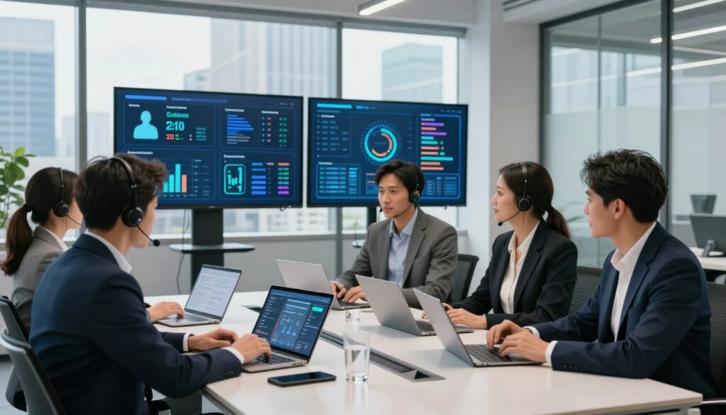 A modern office environment showcasing an AI-driven customer service strategy to enhance operational efficiency. In the foreground, a diverse group of professionals in business attire is engaged in a collaborative meeting around a sleek conference table, analyzing data on tablets and laptops. In the middle ground, visually appealing graphics on screens display customer satisfaction metrics and automation tools. The background features large windows with a city skyline, allowing natural light to flood the space, creating a vibrant atmosphere. The scene conveys a sense of innovation and teamwork, highlighting the integration of technology in improving customer service. The lighting is bright and inviting, emphasizing a focus on productivity and modernity. A modern office environment showcasing an AI-driven customer service strategy to enhance operational efficiency. In the foreground, a diverse group of professionals in business attire is engaged in a collaborative meeting around a sleek conference table, analyzing data on tablets and laptops. In the middle ground, visually appealing graphics on screens display customer satisfaction metrics and automation tools. The background features large windows with a city skyline, allowing natural light to flood the space, creating a vibrant atmosphere. The scene conveys a sense of innovation and teamwork, highlighting the integration of technology in improving customer service. The lighting is bright and inviting, emphasizing a focus on productivity and modernity.