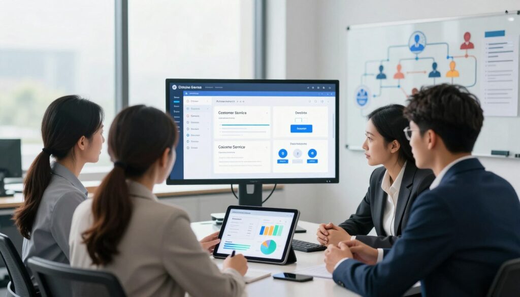 A modern office environment showcasing the criteria for selecting AI customer service software. In the foreground, a diverse group of three professionals—two women and one man—are engaged in a focused discussion around a digital tablet displaying colorful graphs and metrics. They are dressed in smart business attire, exuding professionalism. In the middle layer, a large monitor highlights key features of customer service software like automation, user interface, and integration options against a backdrop of bright, natural lighting filtering through large windows. The background features abstract diagrams of customer service workflows and AI concepts on whiteboards. The atmosphere is collaborative and innovative, conveying a sense of urgency and efficiency in selecting the right software solution. Aim for a balanced, open composition using a wide-angle lens for depth. A modern office environment showcasing the criteria for selecting AI customer service software. In the foreground, a diverse group of three professionals—two women and one man—are engaged in a focused discussion around a digital tablet displaying colorful graphs and metrics. They are dressed in smart business attire, exuding professionalism. In the middle layer, a large monitor highlights key features of customer service software like automation, user interface, and integration options against a backdrop of bright, natural lighting filtering through large windows. The background features abstract diagrams of customer service workflows and AI concepts on whiteboards. The atmosphere is collaborative and innovative, conveying a sense of urgency and efficiency in selecting the right software solution. Aim for a balanced, open composition using a wide-angle lens for depth.