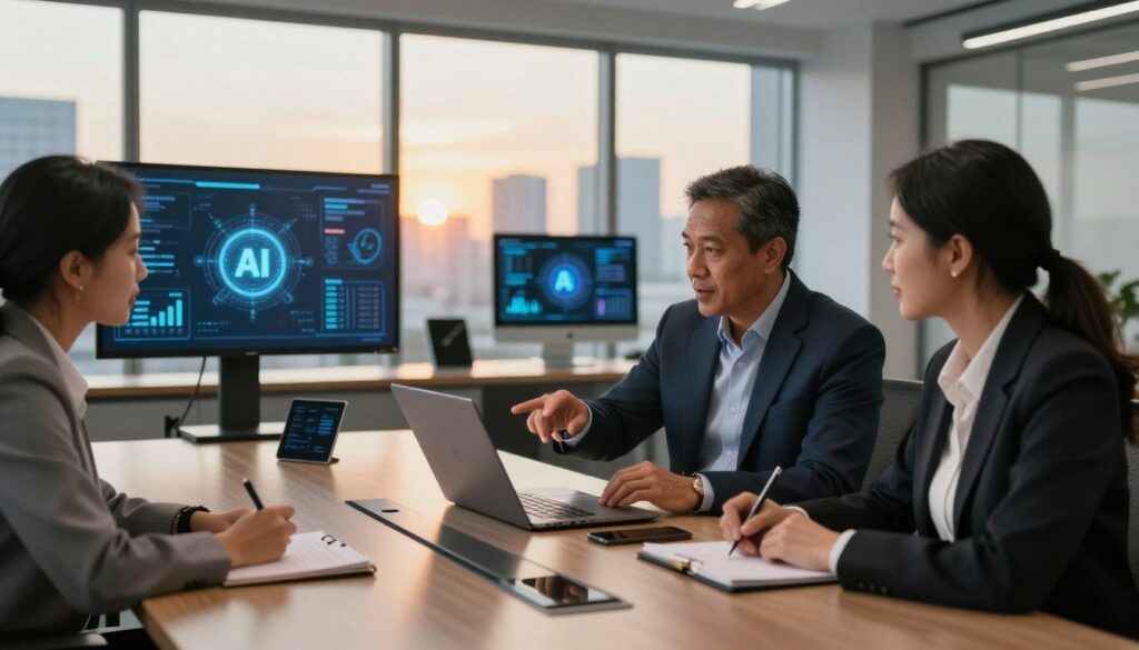 A modern office environment with a sleek conference table at the forefront, featuring a diverse group of three professionals engaged in a technology consultation. One is a middle-aged Indonesian man in a smart suit, animatedly pointing at a laptop screen, while a young Indonesian woman in professional attire takes notes. In the background, a large window reveals a city skyline during sunset, casting a warm, golden light that fills the room. Various tech gadgets and digital screens display graphs and AI concepts, adding a futuristic touch. The atmosphere is focused and collaborative, reflecting an air of innovation and strategic planning in the realm of AI consultancy.