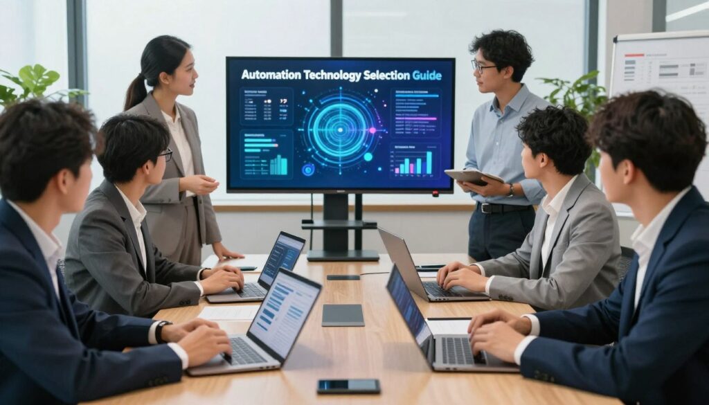 A modern office meeting scene showcasing a diverse group of professionals in business attire, engaged in a collaborative discussion about automation technologies. In the foreground, a central table covered with digital devices like laptops and tablets displays graphs and charts. The middle ground features a large screen with a vibrant infographic titled “Automation Technology Selection Guide”. The background reveals a bright, airy office with greenery visible outside the window, creating a motivational atmosphere. Soft, natural lighting enhances the scene, while an angle that includes diverse perspectives adds depth. The overall mood is focused and optimistic, reflecting the spirit of innovation and teamwork in optimizing business processes. A modern office meeting scene showcasing a diverse group of professionals in business attire, engaged in a collaborative discussion about automation technologies. In the foreground, a central table covered with digital devices like laptops and tablets displays graphs and charts. The middle ground features a large screen with a vibrant infographic titled “Automation Technology Selection Guide”. The background reveals a bright, airy office with greenery visible outside the window, creating a motivational atmosphere. Soft, natural lighting enhances the scene, while an angle that includes diverse perspectives adds depth. The overall mood is focused and optimistic, reflecting the spirit of innovation and teamwork in optimizing business processes.