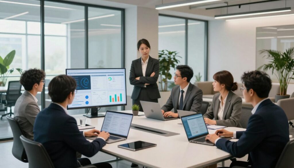 A modern office setting focused on enhancing operational efficiency and productivity. In the foreground, a diverse group of professionals in business attire engaged in a collaborative meeting around a sleek conference table, utilizing laptops and digital screens displaying data analytics and AI tools. In the middle ground, large glass windows allowing natural light to illuminate the space, creating an open and inviting atmosphere. In the background, a high-tech, minimalist office design featuring plants and comfortable seating areas. The lighting is bright and soft, with an optimistic and innovative mood, symbolizing growth and effective teamwork. Capture this scene from a slight angle to provide depth and perspective. A modern office setting focused on enhancing operational efficiency and productivity. In the foreground, a diverse group of professionals in business attire engaged in a collaborative meeting around a sleek conference table, utilizing laptops and digital screens displaying data analytics and AI tools. In the middle ground, large glass windows allowing natural light to illuminate the space, creating an open and inviting atmosphere. In the background, a high-tech, minimalist office design featuring plants and comfortable seating areas. The lighting is bright and soft, with an optimistic and innovative mood, symbolizing growth and effective teamwork. Capture this scene from a slight angle to provide depth and perspective.