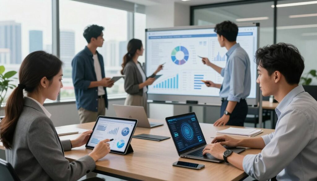 A modern office setting in Indonesia, showcasing a diverse group of professionals actively engaging with advanced AI technology. In the foreground, a businesswoman in professional attire analyzes data on a tablet, while a businessman demonstrates an AI-driven application on a sleek laptop. In the middle ground, a diverse team collaborates around a digital whiteboard filled with graphs and interactive charts, displaying the impact of intelligent systems in various industries. The background features a city skyline visible through large windows, symbolizing Indonesia's technological growth. Soft, natural lighting floods the room, creating an atmosphere of innovation and collaboration. Capture this scene from a slightly elevated angle to emphasize teamwork and the innovative spirit of AI integration in business.