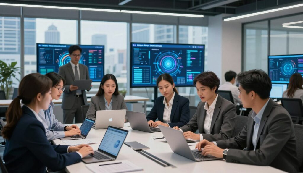 A modern office setting showcasing the advantages of technology and innovation in consultancy. In the foreground, a diverse group of professionals dressed in business attire are engaged in a collaborative discussion over digital devices, such as tablets and laptops. The middle ground features futuristic displays showcasing AI data analytics and innovative software solutions, illuminating the mood of progress and advancement. In the background, large windows reveal a city skyline, symbolizing growth and opportunity. Soft, diffused lighting enhances the professional atmosphere, while a wide-angle perspective emphasizes the dynamic interaction among team members. The overall scene conveys a sense of optimism and forward-thinking, highlighting the essential role of AI Agent Consultants in Indonesia.