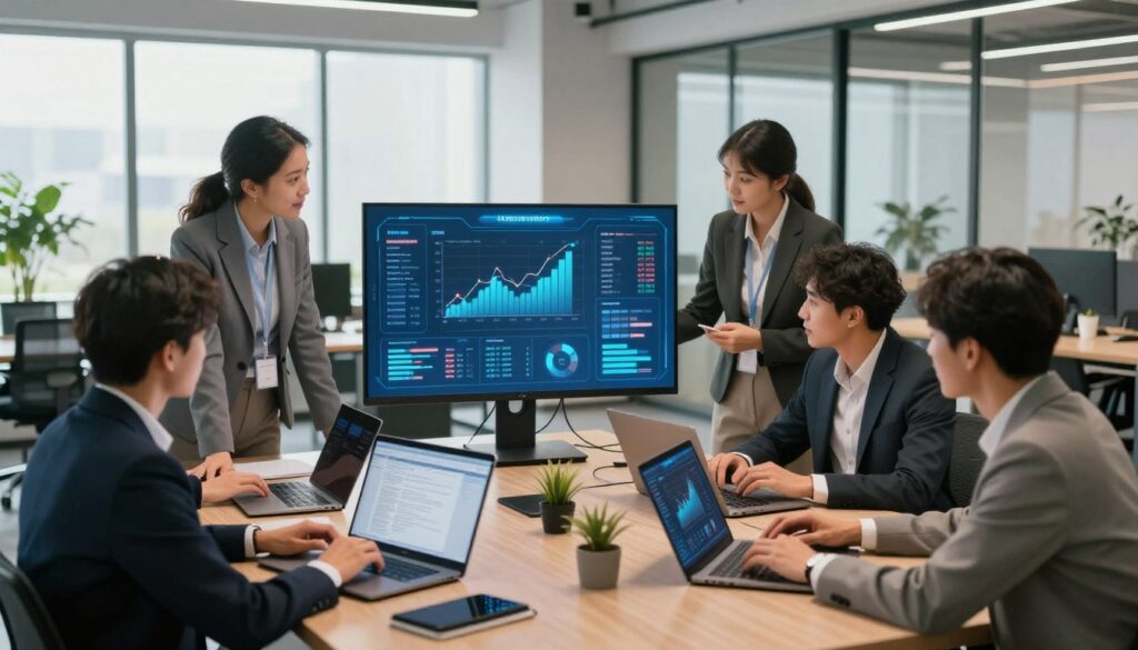 A modern office setting showcasing the implementation of AI technology for business optimization. In the foreground, a diverse team of professionals in professional business attire collaboratively analyzing data displayed on sleek laptops and large digital screens. The middle of the scene features a futuristic AI interface with graphs and analytics visualizing productivity metrics. The background displays a well-lit, open office space with plants, glass walls, and minimalistic furniture, promoting a sense of innovation. Soft, natural lighting filters through large windows, creating a bright and motivating atmosphere. Capture the dynamic energy of teamwork and technology integration, highlighting the potential for enhanced business efficiency and productivity. A modern office setting showcasing the implementation of AI technology for business optimization. In the foreground, a diverse team of professionals in professional business attire collaboratively analyzing data displayed on sleek laptops and large digital screens. The middle of the scene features a futuristic AI interface with graphs and analytics visualizing productivity metrics. The background displays a well-lit, open office space with plants, glass walls, and minimalistic furniture, promoting a sense of innovation. Soft, natural lighting filters through large windows, creating a bright and motivating atmosphere. Capture the dynamic energy of teamwork and technology integration, highlighting the potential for enhanced business efficiency and productivity.