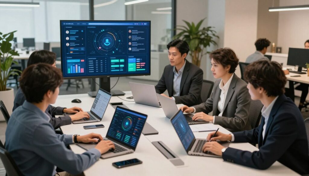 A modern office setting showcasing the integration of AI in marketing and customer service. In the foreground, a diverse group of professionals, dressed in smart business attire, collaborate around a sleek, high-tech conference table, analyzing data on digital devices. In the middle ground, large screens display graphical data visualizations and AI chatbot interactions, highlighting the use of technology in real-time customer engagement. The background features a bright, open workspace with greenery and soft lighting, creating a productive and innovative atmosphere. The overall mood is dynamic and forward-thinking, emphasizing teamwork and technological advancement, captured from a slightly elevated angle to showcase interaction and engagement. The scene is illuminated with warm, natural light, enhancing the inviting ambiance. A modern office setting showcasing the integration of AI in marketing and customer service. In the foreground, a diverse group of professionals, dressed in smart business attire, collaborate around a sleek, high-tech conference table, analyzing data on digital devices. In the middle ground, large screens display graphical data visualizations and AI chatbot interactions, highlighting the use of technology in real-time customer engagement. The background features a bright, open workspace with greenery and soft lighting, creating a productive and innovative atmosphere. The overall mood is dynamic and forward-thinking, emphasizing teamwork and technological advancement, captured from a slightly elevated angle to showcase interaction and engagement. The scene is illuminated with warm, natural light, enhancing the inviting ambiance.