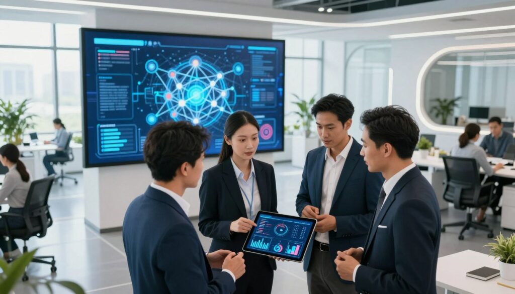 A modern office space bustling with activity symbolizes data integration and technology in business transformation. In the foreground, a diverse group of three professionals, dressed in smart business attire, are engaged in a dynamic discussion around a digital tablet displaying data charts and graphs, emphasizing collaboration. In the middle ground, a large digital screen shows interconnected data nodes and an animated flow of information, illustrating automated processes. The background features sleek, futuristic office decor with large windows letting in natural light, creating a bright and inviting atmosphere. The scene is captured from a slightly elevated angle, enhancing the sense of depth and engagement. The colors are vibrant yet professional, conveying an optimistic mood about the future of business with data and technology integration.