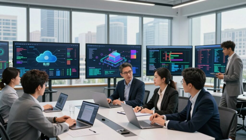 A modern office space focused on AI infrastructure preparation. In the foreground, a diverse group of professionals in business attire, including men and women of various ethnicities, are gathered around a sleek conference table with laptops open, discussing data quality strategies. The middle ground features multiple screens displaying complex data visualizations, cloud infrastructure diagrams, and AI algorithms in vibrant colors. The background showcases a large window with a cityscape view, filled with tall buildings under a bright, clear sky. Soft, even lighting illuminates the scene, evoking a mood of collaboration and innovation. A wide-angle lens captures the dynamic interaction among team members while maintaining a professional atmosphere.
