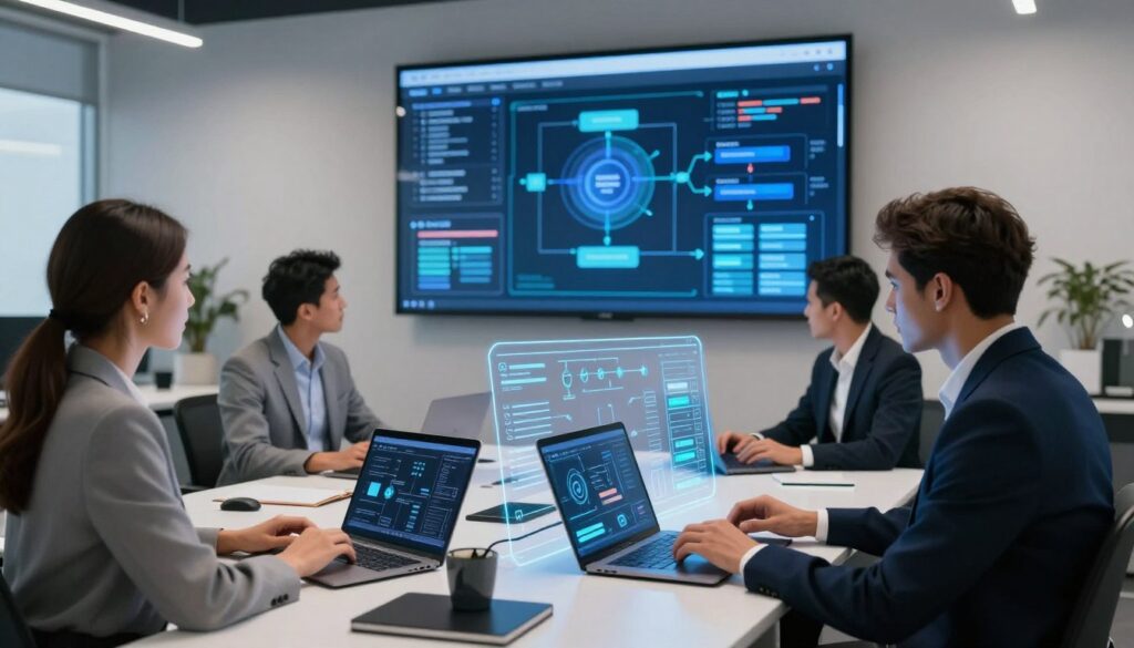 A modern office workspace showcasing the concept of operational process automation through AI. In the foreground, a diverse group of three business professionals in smart attire engage with a transparent digital interface displaying data analytics and automated workflows. In the middle, sleek desks are equipped with advanced laptops and innovative tech tools, while a large screen in the background visualizes complex algorithms and streamlined processes. Soft, ambient lighting enhances a focused atmosphere, while the overall color scheme features blues and whites to signify efficiency and technology. The composition should convey a sense of collaboration and forward-thinking, inviting viewers to envision the future of business operations. A modern office workspace showcasing the concept of operational process automation through AI. In the foreground, a diverse group of three business professionals in smart attire engage with a transparent digital interface displaying data analytics and automated workflows. In the middle, sleek desks are equipped with advanced laptops and innovative tech tools, while a large screen in the background visualizes complex algorithms and streamlined processes. Soft, ambient lighting enhances a focused atmosphere, while the overall color scheme features blues and whites to signify efficiency and technology. The composition should convey a sense of collaboration and forward-thinking, inviting viewers to envision the future of business operations.