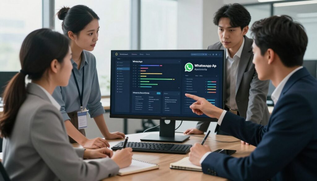 A modern, sleek office environment featuring a diverse group of three professionals engaged in a discussion around a digital dashboard displaying the WhatsApp Business API integration. In the foreground, a woman in business attire points at the screen, while a man in a smart-casual outfit takes notes. A second man, dressed in a formal suit, observes intently. The middle ground shows a large monitor with colorful graphs and automated messaging features. The background highlights soft, natural light coming through large windows, creating a productive and collaborative atmosphere. The mood is focused and innovative, emphasizing the technological aspect of automating business communications through WhatsApp.