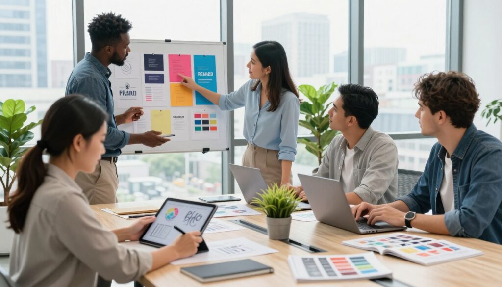 A modern workspace showcases a team of four diverse professionals collaborating on visual brand design concepts. In the foreground, a woman of Asian descent sketches ideas on a tablet, a Black man in business attire discusses with a Latino woman pointing at a colorful brand mood board. A Caucasian man reviews digital designs on a laptop, with various design elements like logos and color palettes scattered around. The middle ground features a stylish conference table surrounded by creative materials, plants, and design magazines. In the background, large windows reveal a bright urban skyline, with soft natural light enhancing the atmosphere of innovation and creativity. The scene conveys a sense of teamwork, professionalism, and modernity, highlighting the optimization of visual communication in branding.